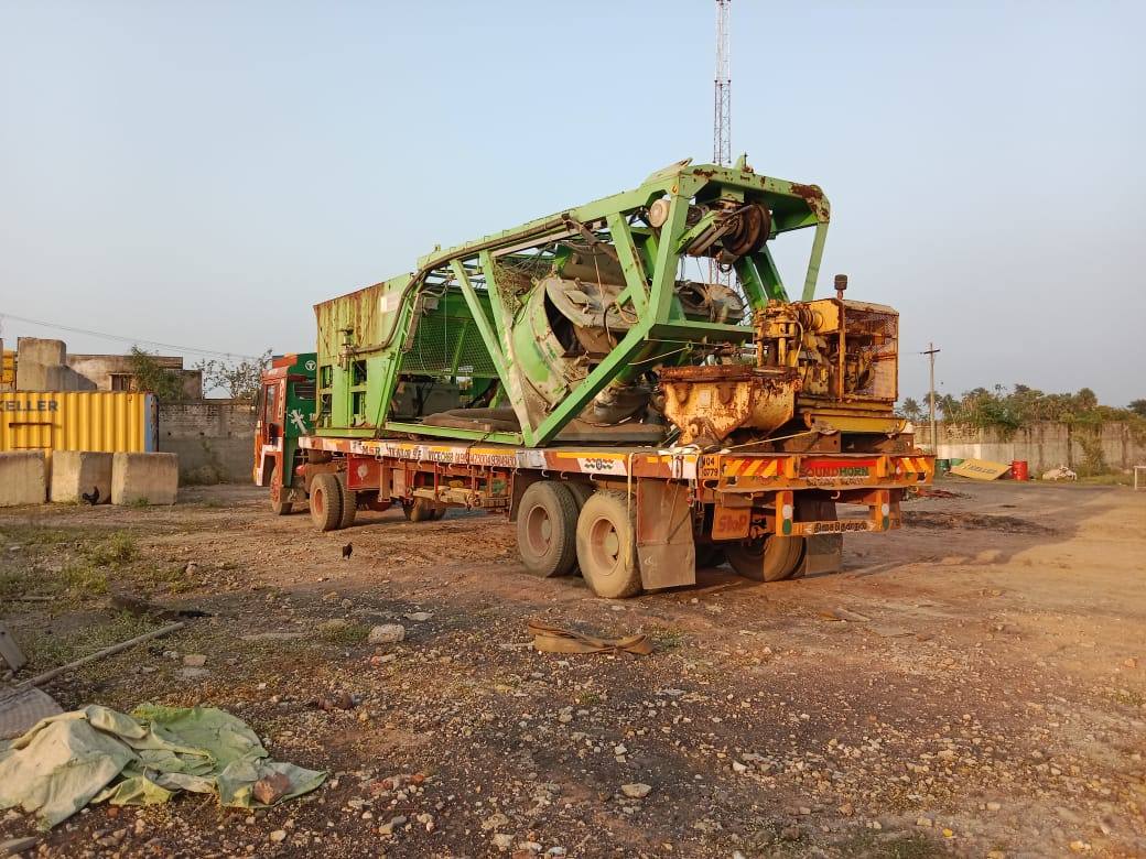 Large crusher plant section loaded on an MMM trailer, wider than the deck